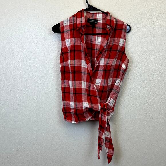 Lauren Ralph Lauren Women's Size 6 100% Linen Cropped Tie Wrap Top Red Plaid - Picture 1 of 5